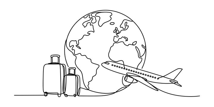 Airplane flying around the globe with luggage, travel concept, single line drawing