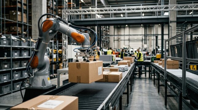 Robotic Picking Arm Selecting Parcel from Conveyor Line in Modern Warehouse