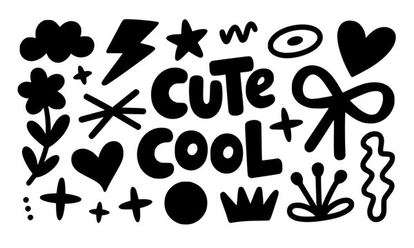 Cute cool black hand drawn doodle sticker pack with trendy Y2K elements including stars hearts lightning bolt flower crown and bow on white background for social media and graphic design
