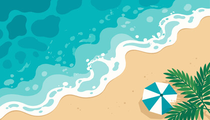 Fototapeta premium Aerial top view tropical beach wallpaper with turquoise shoreline and white foam waves, clean summer vector background