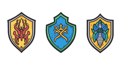 Fototapeta premium Three heraldic shields with colorful emblems of creatures or symbols. Stylized fantasy art