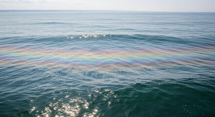 Obraz premium Colorful oil slick on ocean surface reflecting sunlight over calm blue water. Vibrant colors create a vivid display on the ocean waves, adding contrast against serene backdrop.