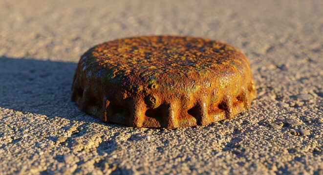 Macro shot of a corroded bottle cap on rough surface highlighting texture and decay. Detailed corroded bottle cap demonstrates the effects of time and nature on objects.