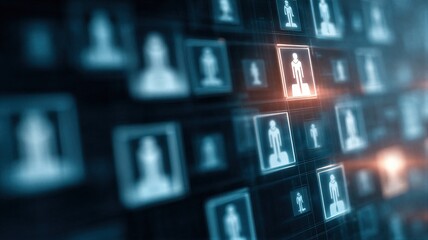 Fototapeta premium Digital user profile icons glowing on dark background. Social network connection and online identity management. Global communication technology and big data analytics concept.