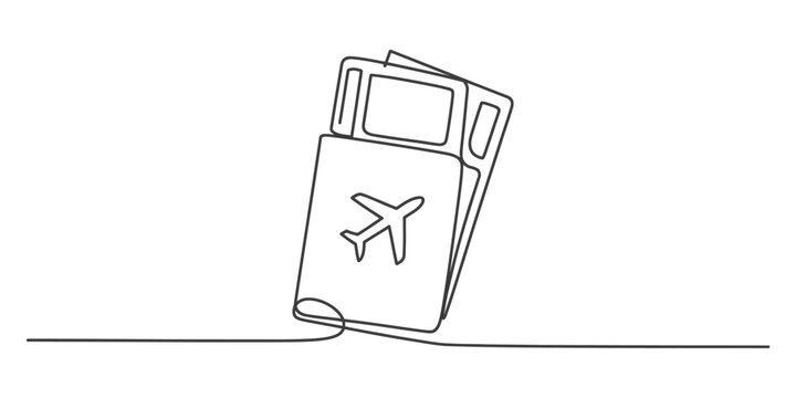 Continuous line drawing of passport and airplane tickets for travel and vacation