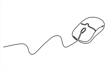 Obraz premium Continuous line art illustration of computer mouse with long cord symbolizing technology digital communication navigation and minimalist design