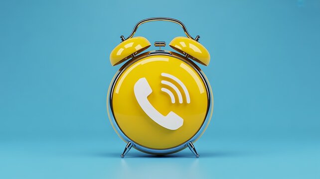 Yellow alarm clock, phone icon, notification symbol, call sign