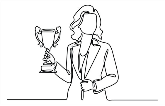 Continuous line art illustration of person holding trophy symbolizing achievement success recognition victory and minimalist design