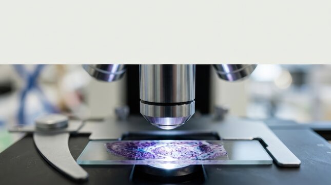 Microscope Lens Hovering Above Illuminated Biological Sample