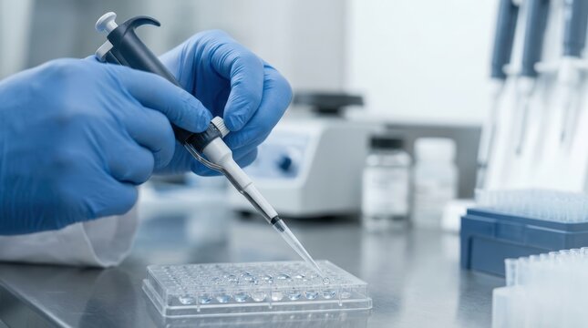 Gloved Hands Using a Micropipette in a Laboratory Setting