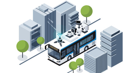 Fototapeta premium Isometric Smart City Bus with Advanced Sensors and Data Analytics for Autonomous Urban Transport and Sustainable Mobility Solutions