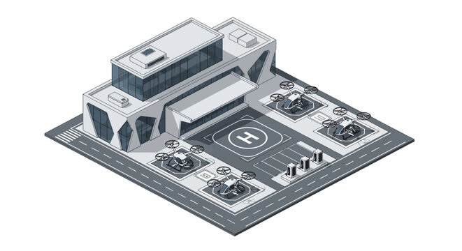 Isometric Illustration of a Futuristic Vertiport with Electric VTOL Drones and Modern Terminal Building for Urban Air Mobility