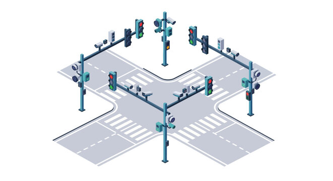 Isometric Smart City Intersection with Traffic Lights and CCTV Security Cameras for Traffic Management and Urban Surveillance, 3D Vector Illustration