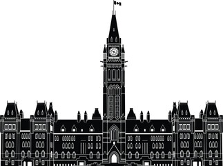 Fototapeta premium Parliament Hill of Canada Black and White Vector Illustration of Government Building with Clock Tower and Canadian Flag for Architecture, History, and National Identity