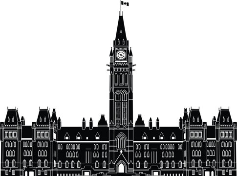 Parliament Hill of Canada Black and White Vector Illustration of Government Building with Clock Tower and Canadian Flag for Architecture, History, and National Identity