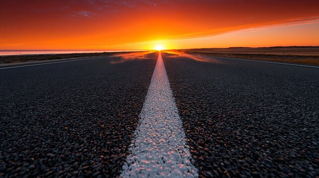 Leere Landstra&szlig;e f&uuml;hrt direkt in einen dramatischen Sonnenuntergang am Horizont.