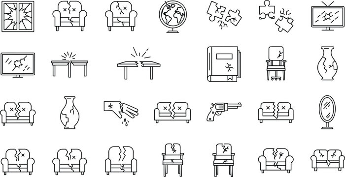 Broken Object Icons Set with Cracked Furniture, Appliances, and Household Items for Warnings, Alerts, and Symbolic Representations in Digital Media and Web Design