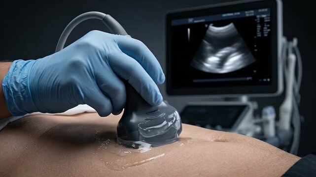 Ultrasound medical scan on abdomen with diagnostic imaging using probe and gel, healthcare professional wearing blue gloves performing detailed internal organ examination procedure