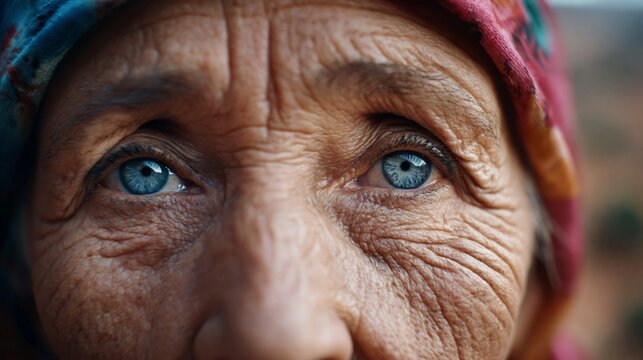 Extreme Nahaufnahme der blauen Augen einer &auml;lteren Frau mit tiefen Falten und einem bunten Kopftuch