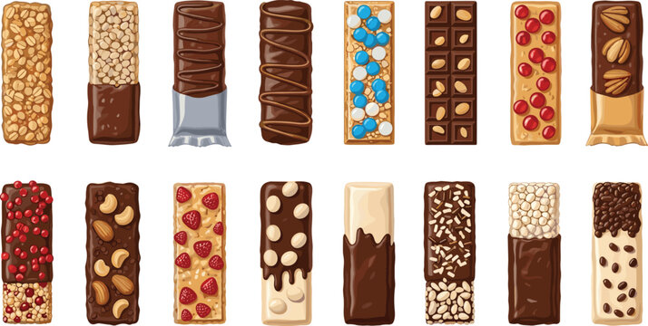 Chocolate Candy Bar Vector Set with Nuts, Berries, Caramel, Sprinkles and Various Toppings for Snack, Dessert, and Food Illustration Projects