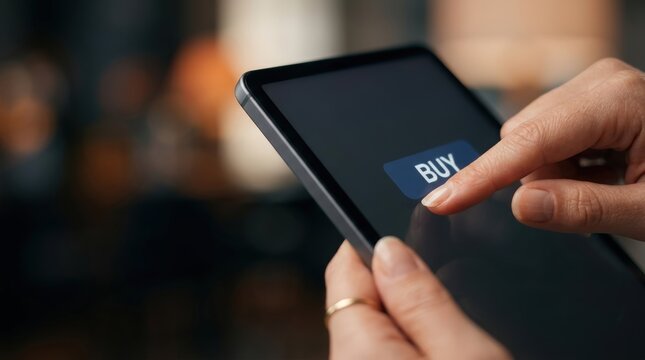 Hand Pressing Buy Button on Tablet Screen