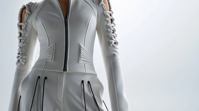 Frau in einem eleganten wei&szlig;en Hosenanzug steht in einem futuristischen wei&szlig;en Raum