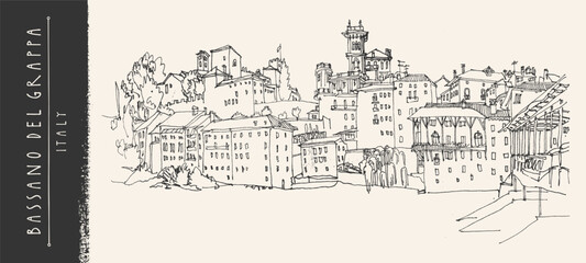Obraz premium Italian city sketch postcard. Bassano del Grappa old street, church skyline, bridge, river waterfront. Vintage hand drawn vector illustration. architecture line art, ink pen doodle summer travel scene