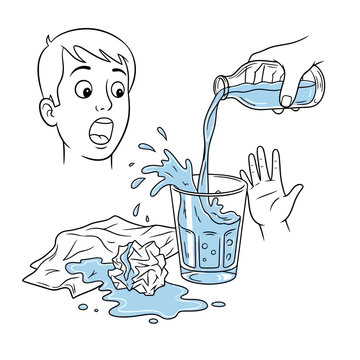 Child watching in surprise as person pours too much water into a glass, causing an overflow, splash, and mess with crumpled towel.