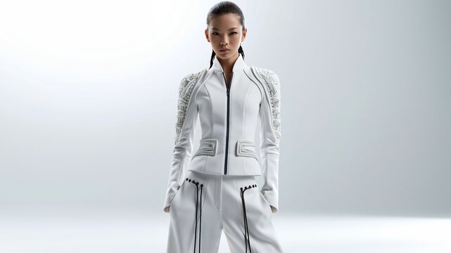 Frau in einem eleganten wei&szlig;en Hosenanzug steht in einem futuristischen wei&szlig;en Raum