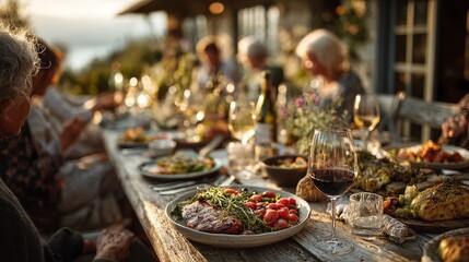 Fototapeta premium Long rustic wooden table outdoors during golden hour, small group of friends sharing plates and glasses of wine