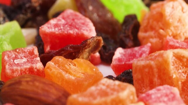 Macro Panning Over Assorted Candied and Dried Fruits Mix