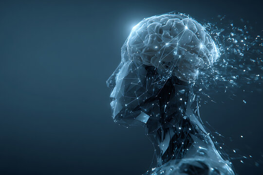 Crystalline Humanoid Profile with a Luminous Neural Brain Shattering into Light Particles
