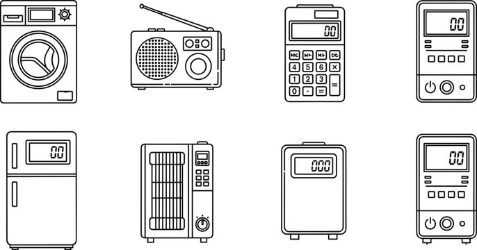 Household Appliance Vector Set Featuring Washing Machine, Radio, Fridge, Microwave, and Other Essential Home Devices for Domestic and Utility Design