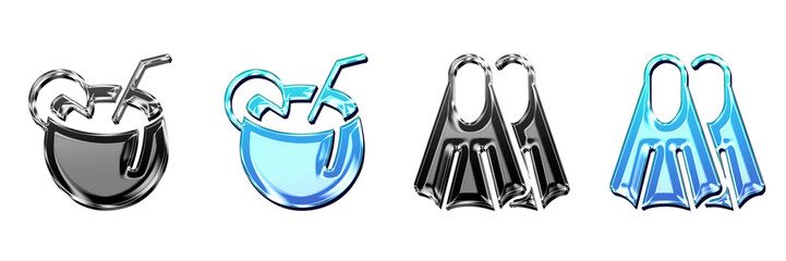 Modern 3D hologram icon collection - coconut cocktail and flippers. Beach holiday icon collection and design. Premium rendered design. Stylized vector icon collection. © Montaha Hossain