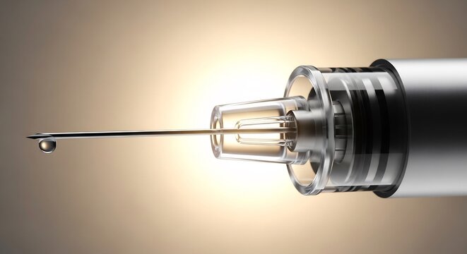 Close-up of a Medical Syringe Needle with a Droplet of Liquid.