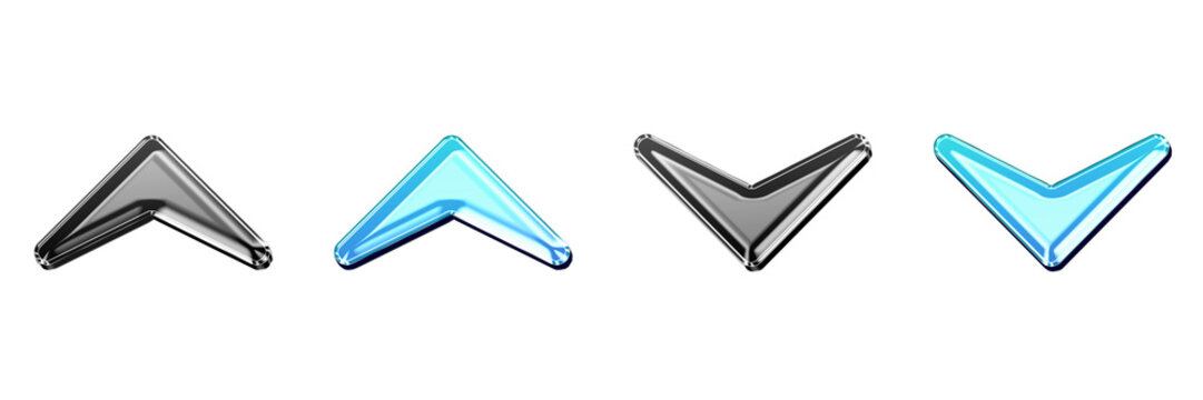 Isolated 3D liquid glass collapse arrow and expand arrow icons with blue cyan gradient. Carets chevrons icon collection and design. Render illustration.