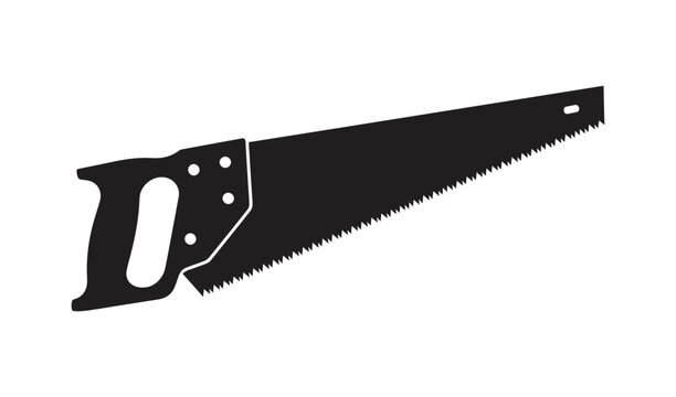 Black and white illustration of a hand saw with a sharp blade and ergonomic handle, isolated on a white background, perfect for woodworking and carpentry concepts.