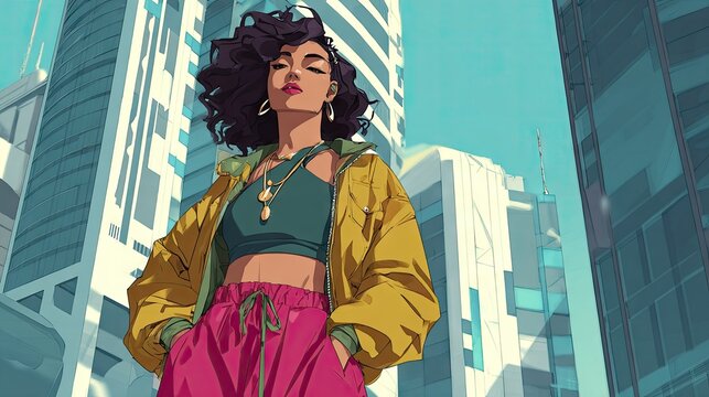 Stylish woman in urban setting with colorful clothing and modern pose