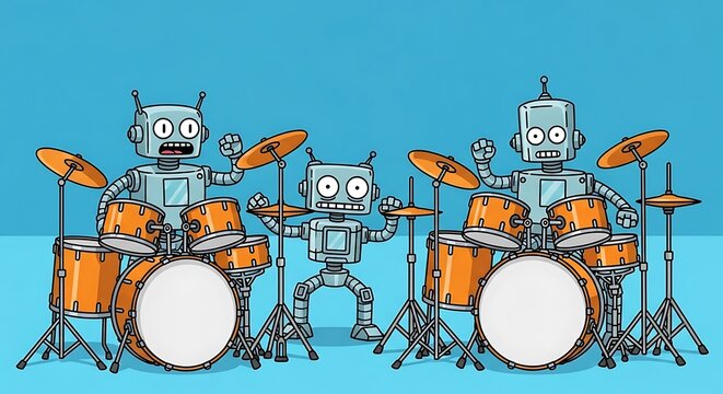 Robots playing drums on stage together.