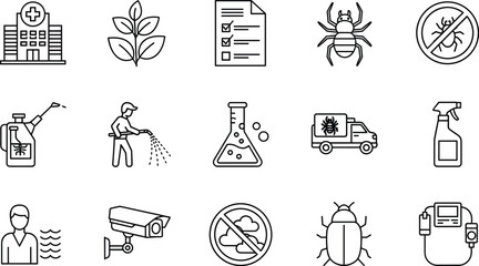 Obraz premium Pest Control and Health Safety Icon Set Featuring Pesticides, Insects, Medical Care, and Environmental Protection for Hygiene and Safety