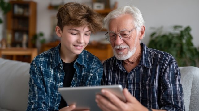 Teen helping elderly grandfather with tablet digital support in family life 