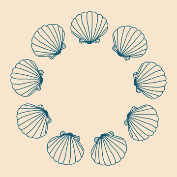 Hand drawn tropical sea shells circular frame vector template. Decorative marine frame, seashells wreath perfect for greeting cards and summer design.