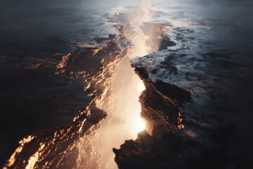 Fototapeta premium Abstract Composition of Glowing Tectonic Plates Pressing Toward Each Other on Reflective Dark Base