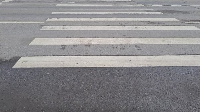 White striped zebra crossing on grey asphalt road with cars passing. Urban scene. City traffic, pedestrian safety, and daily commuting in a modern environment. Pedestrian crosswalk on street