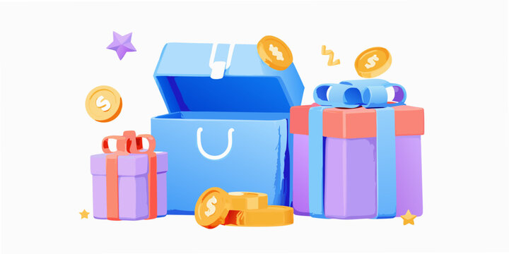Open treasure chest with gifts coins and celebratory decorations