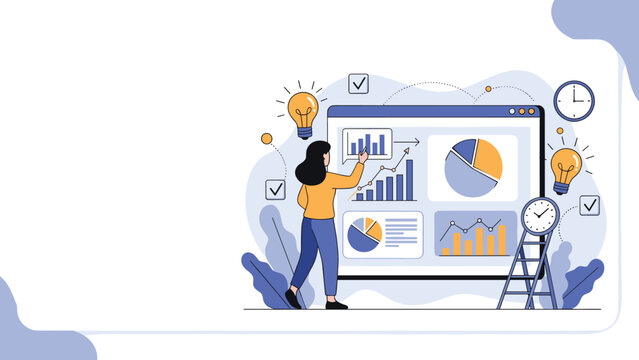 Businesswoman analyzes corporate data and statistical charts on a large digital screen with icons representing ideas and time management.