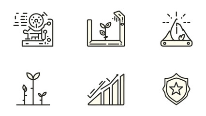 Fototapeta premium Sustainable Growth Icons: A set of six vector icons depicts the essence of sustainable growth, showcasing elements of environmental preservation, economic prosperity, and societal well-being.