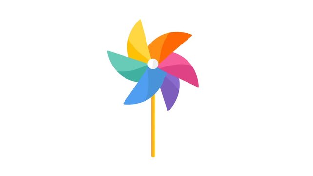 Colorful Pinwheel Toy Spinning Animation Minimal Flat Design. Colored six Blades Rotating Smoothly On A Stick. Clean White Background. Slow and Fast Speed