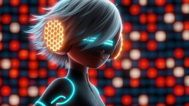 Futuristische leuchtende Figur mit Kopfh&ouml;rern und gl&uuml;henden Augen vor einem Pixelhintergrund in Neonfarben