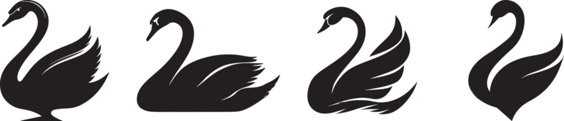 Naklejka premium Swan silhouette vector set with elegant bird poses and flowing wings isolated in black, graceful aquatic animal shapes showing calm and beauty of nature, minimal design for wildlife and romance 